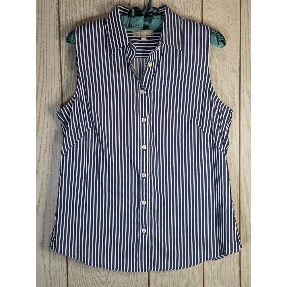 Banana Republic Non-Iron Fitted Sleeveless Striped Shirt Navy White 14